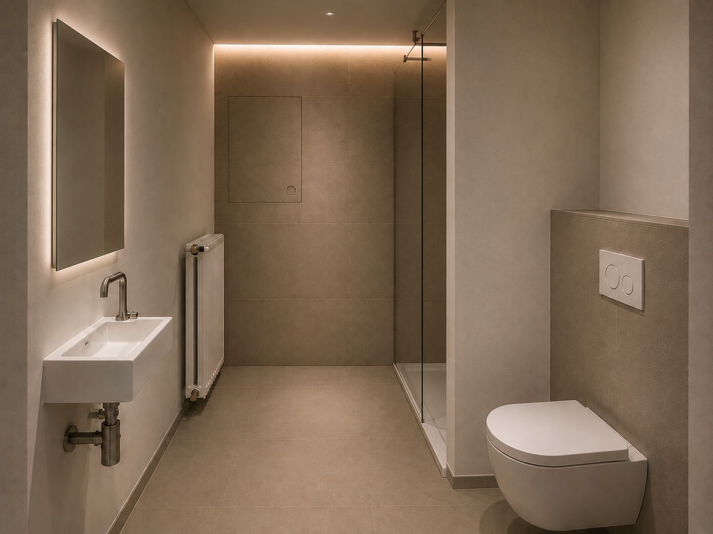 Renoviertes Badezimmer mit neuem Bodenbelag, Dusche und Waschtisch — Handwerkerprojekt von Brülle Kann Es in Hamburg