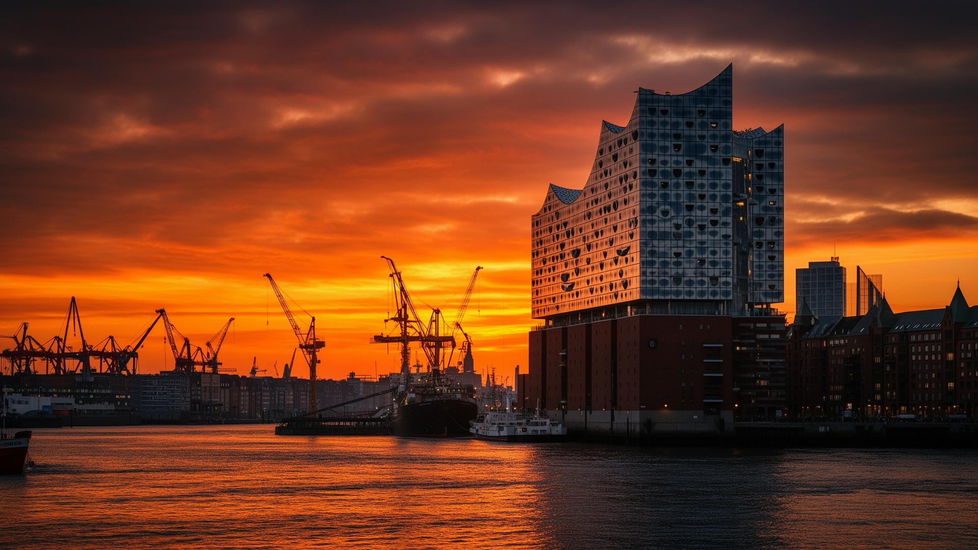 Hamburg Hafen mit Elbphilharmonie bei Sonnenuntergang